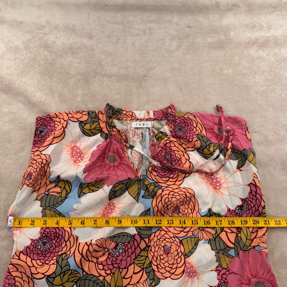 THML Floral Ruffle Neck Boho Coastal Cottagecore Chic Resort Summer Top Sz M - Picture 6 of 9